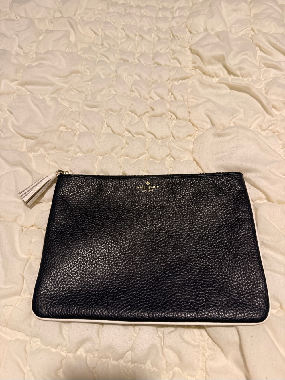 kate spade Black Leather Zip Pouch with White Tassel Trim